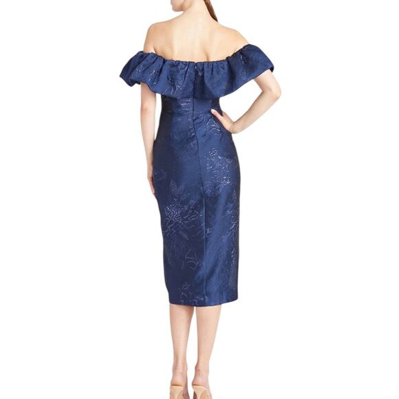 NWOT ML Monique Lhuillier Off-the-Shoulder Ruffle Trim Navy dress - Sz 6 - Picture 3 of 9